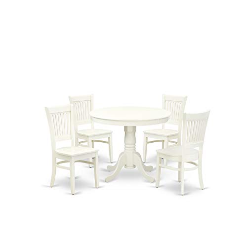 East West Furniture ANVA5-LWH-W 5 Piece Kitchen Table Set for 4 Includes a Round Dining Room Table with Pedestal and 4 Solid Wood Seat Chairs, 36x36 Inch, Linen White - WoodArtSupply