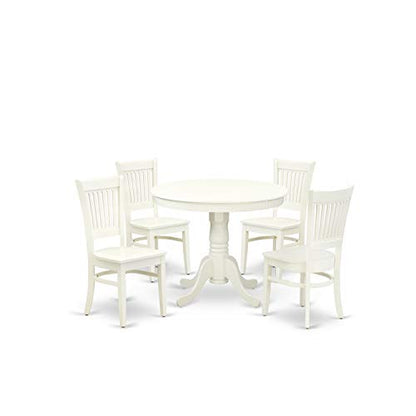 East West Furniture ANVA5-LWH-W 5 Piece Kitchen Table Set for 4 Includes a Round Dining Room Table with Pedestal and 4 Solid Wood Seat Chairs, 36x36 Inch, Linen White - WoodArtSupply