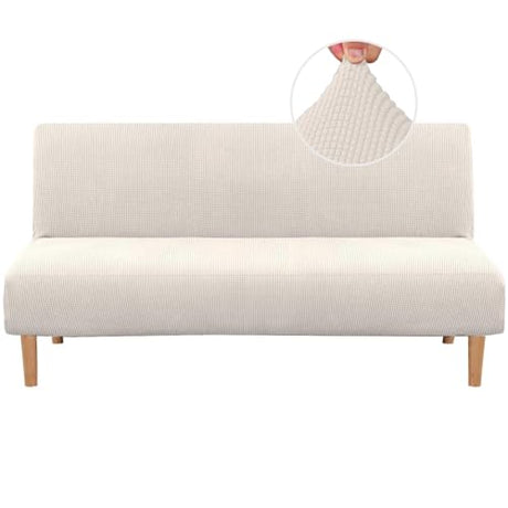 H.VERSAILTEX Armless Futon Cover Stretch Sofa Bed Slipcover Protector Elastic Feature Rich Textured High Spandex Small Checks Jacquard Fabric Futon Cover, Machine Washable, Ivory H.VERSAILTEX
