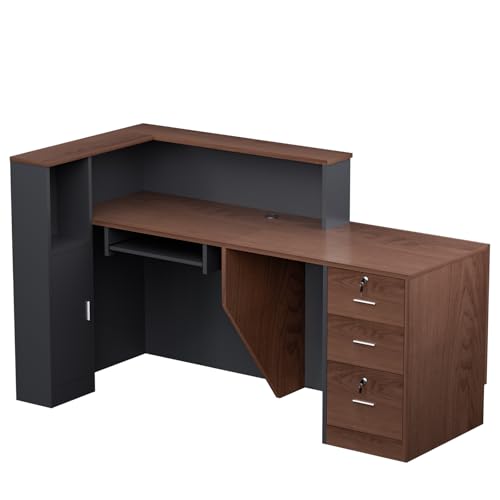 Easilywinlife 70.87IN Modern Wooden Commercial L Shaped Reception Desk with Counter, Lockable Drawers, Door Cabinet, Front Desk for Checkout, Lobby, Beauty Salon, Walnut, Right Cabinet Easilywinlife