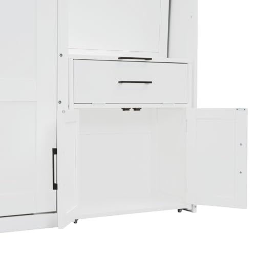 Merax Horizontal Murphy Bed Cabinet Twin Size with Desk & Small Closet & Cabinet with Doors & Open Storage Shelves, Twin Hidden Murphy Wall Bed with Storage for Living Room, White Merax