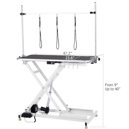 47" Electric Dog Grooming Table, Pet Grooming Table for Dogs & Cats, Height Adjustable (9"-40") with Overhead Arm, Anti Slip Tabletop, 3 Grooming Noose, White