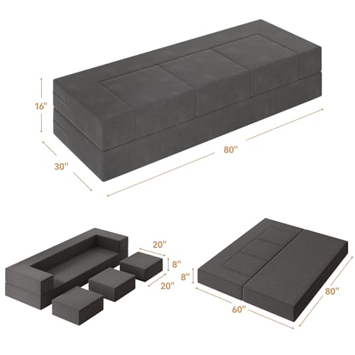 Vivaadecor Floor Sofa Bed, Queen Velvet Folding Sofa Couch with 3 Ottomans, Sleeper Foam Couch with Removable Cover, Futon Convertible Sofa Bed for Living Room/Guest/Play Room/Office/Dorm(Dark Grey) Vivaadecor