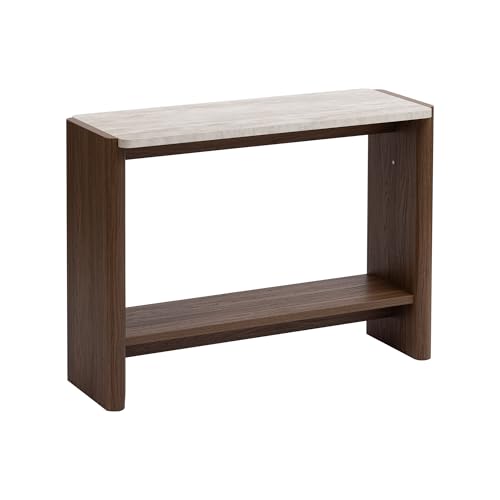 COSIEST 43.3" Farmhouse Console Table for Entryway, 2-Tier Sofa Table with Faux Stone Grain Top, Slim Accent Table for Hallway, Behind Couch, or Living Room, Brown Wood Look COSIEST