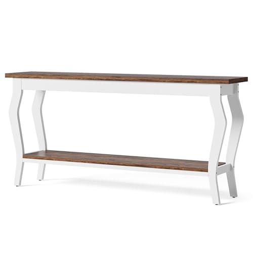 LITTLE TREE 70.9 Inches Long Console Table, 2-Tier Vintage Wooden Sofa Table Behind The Couch with Metal Legs for Hallway, Entryway, Living Room, Brown & White LITTLE TREE
