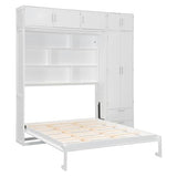 Merax Murphy Bed Queen with Wardrobe and Top Cabinet, Murphy Bed Cabinet Queen with 2 Drawers and Storage Shelves, No Box Spring Needed, White Merax