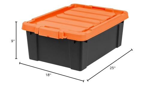 IRIS USA 12 Gallon Lockable Storage Bins with Lids, 2 Pack - Made in USA, Heavy Duty, Stackable Containers, Garage Organizing Bins Moving Tubs, Rugged Sturdy Equipment Utility Box - Black/Orange IRIS USA