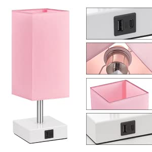 Ambimall Touch Control Table Lamp with 2 USB Charging Ports, 3 Way Touch Lamps Beside Desk, Nightstand Lamp for Bedrooms Living Room, Pink Shade with White Base, LED Bulb Included(Pink) Ambimall