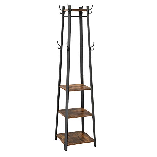 VASAGLE ALINRU Coat Rack with 3 Shelves, Stand with Hooks for Scarves, Bags and Umbrellas, Steel Frame, Industrial Style, Rustic Brown and Black ULCR80X - WoodArtSupply