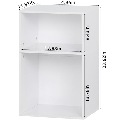 YAHARBO 2 Cube Bookshelf, White Record Player Stand with Vinyl Storage Up to 100 Albums, Horizontal Low Book Shelf, Mini Bookcase with Storage Organizer, Small Turntable Stand for Living Room, Bedroom YAHARBO