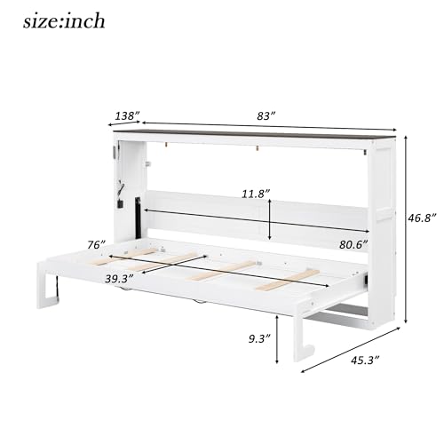 Merax Twin Size Murphy Bed with LED Light, Foldable Bed Frame with Storage Shelf, Murphy Cabinet with Foldable Panel, Wood Hidden Wall Bed Cabinet, for Bedroom, Small Room, Office,White Merax