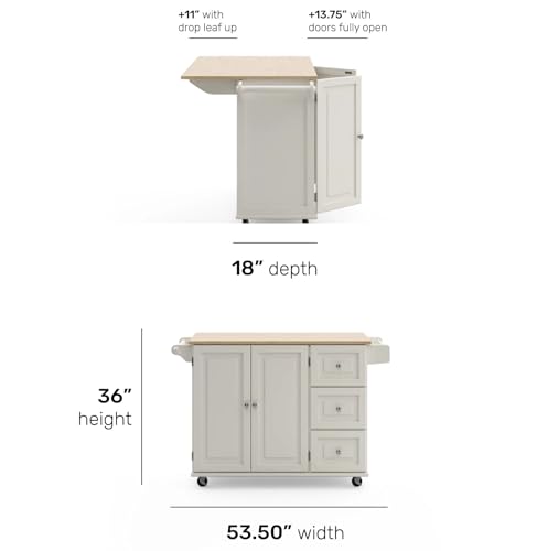 Homestyles Mobile Kitchen Island Cart with Wood Drop Leaf Breakfast Bar, Off White,Soft White, 54 Inch Width