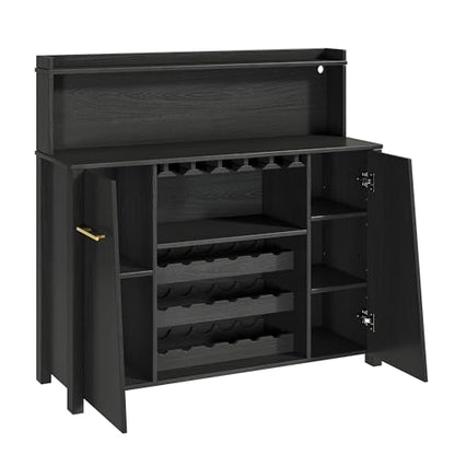 DWVO Bar Cabinet with LED Lights, 47'' Sideboard Buffet Coffee Bar Cabinet with Wine Rack and Glass Holder, Liquor Cabinet with Adjustable Shelf for Living Room, Kitchen, Dining Room, Black - WoodArtSupply