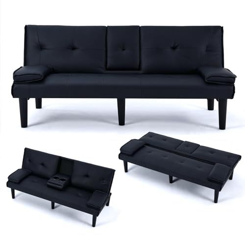 Convertible Sleeper Sofa Bed, Modern Leather Futon Couch Bed Twin Size, 67'' Recliner Reversible Loveseat Folding Couches Guest Bed for Small Spaces Living Room Office Dorm RV, 2 Cupholders (Black) Xinmviec