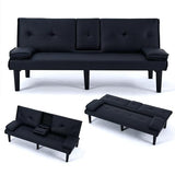 Convertible Sleeper Sofa Bed, Modern Leather Futon Couch Bed Twin Size, 67'' Recliner Reversible Loveseat Folding Couches Guest Bed for Small Spaces Living Room Office Dorm RV, 2 Cupholders (Black) Xinmviec