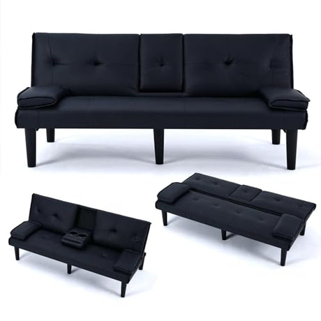 Convertible Sleeper Sofa Bed, Modern Leather Futon Couch Bed Twin Size, 67'' Recliner Reversible Loveseat Folding Couches Guest Bed for Small Spaces Living Room Office Dorm RV, 2 Cupholders (Black) Xinmviec
