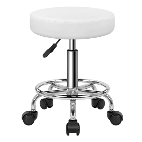 KKTONER PU Leather Round Rolling Stool with Foot Rest Swivel Height Adjustable Stool Spa Drafting Salon Tattoo Work Office Massage Task Chair White Small (White) KKTONER