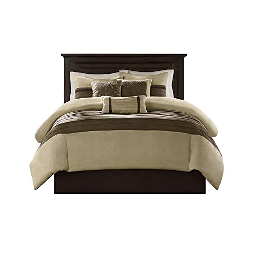 Madison Park Palmer Comforter Set - Faux Suede Design, Striped Accent, All Season Down Alternative Bedding, Matching Shams, Decorative Pillow, Bed Skirt, King (104 in x 92 in), Natural 7 Piece Madison Park