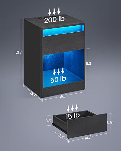 VASAGLE Nightstand with Charging Station, Side End Adjustable LED Lights, Bedside Table with Drawer 2 AC Outlets, 2 USB Ports, Modern, for Bedroom, 13.7" D x 15.7" W x 21.7" H, Black VASAGLE