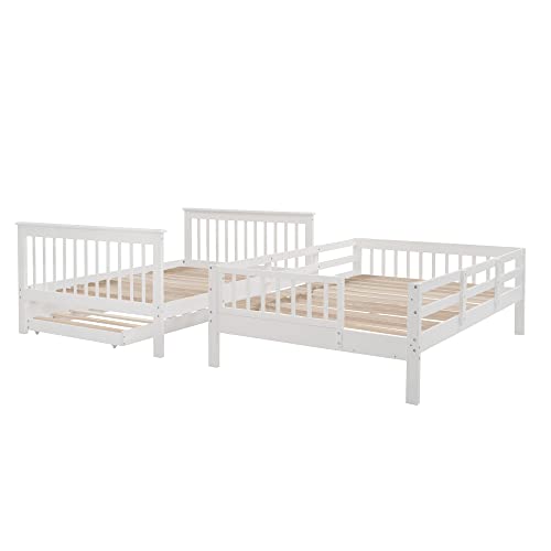 MERITLINE Wooden Bunk Bed Frame, Full Over Full Bunk Bed with Trundle, Bunk Beds with Stairs Full Size, Trundle Bunk Beds, Convertible Bunk Bed for Kids(White)