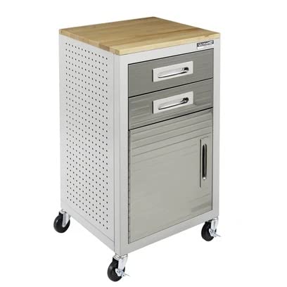 Seville Classics UltraHD Heavy Duty Rolling Cabinet Workbench Table w/Solid Wood Top Workstation for Garage, Warehouse, Office, Workshop, 34.7" H, Seville Classics
