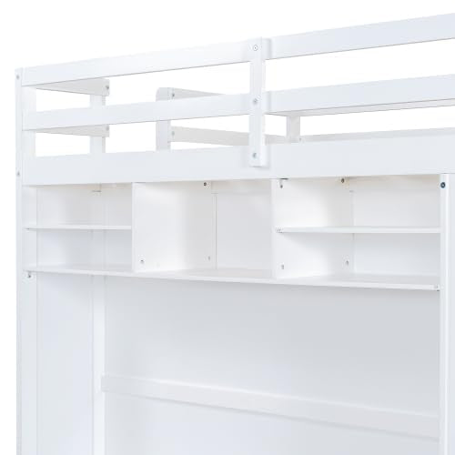 Harper & Bright Designs Full Size High Loft Bed with Drawers & Shelves, Wooden Loft Bed Frame with Wardrobe & LED Light for Kids & Teens (White) Harper & Bright Designs