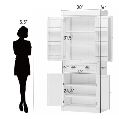 Squireewo 72" Freestanding Kitchen Pantry Storage Cabinet with Doors and 6 Hanging Shelves,Storage Cupboard with Large Drawer for Kitchen,Bathroom or Hallway, White - WoodArtSupply