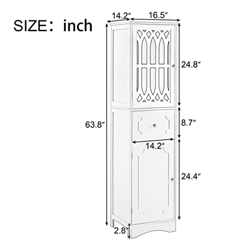 Merax Tall Storgae Cabinet Linen Tower with Adjustable Shelf, Drawer and Door, Freestanding Cupboard for Home, Kitchen or Living Room, Green - WoodArtSupply