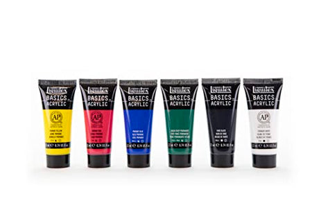 Liquitex BASICS Acrylic Paint Set, 6 x 22ml Tube Paint Set, Primary, Blue,Color Mixing,Green,White, 0.7 Fl Oz (Pack of 6) Liquitex