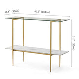 LumFurn Glass Console Table for Living Room, Foyer & Entrance, 2-Tiers Mid-Century Modern Sofa Table with Clear Glass Top, White Marble Finish Wood Shelf and Gold Finish Frame LumFurn