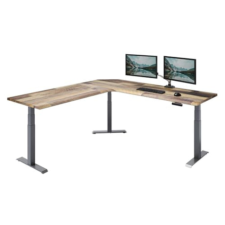 Vari ComfortEdge 80x80 L-Shape Electric Standing Desk – Height Adjustable Sit-Stand VariDesk for Corner Office with Reversible Left/Right Design + Reclaimed Wood Top/Slate Legs (Ships in 4 Boxes) Vari