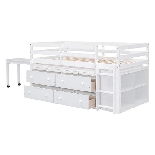 Ball & Cast Twin Size Loft Bed with Retractable Writing Desk & 4 Drawers,Wooden Bedframe W/Lateral Portable Desk & Shelves,Space Saving,Easy Assembly,Study Room Bedroom Set for Boy Girl Keens,White Ball & Cast