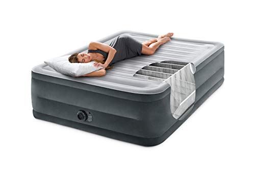 INTEX 64417ED Dura-Beam Deluxe Comfort-Plush High-Rise Air Mattress: Fiber-Tech – Queen Size – Built-in Electric Pump – 22in Bed Height – 600lb Weight Capacity,Grey Intex