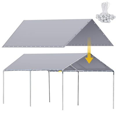 Wesnoy 12 x 20 ft Heavy Duty Canopy Replacement Cover Waterproof Carport Garage Car Shelter Tarp Tent for Car Canopy with 50 Ball Bungees, Only Top Cover, Frame is Not Included