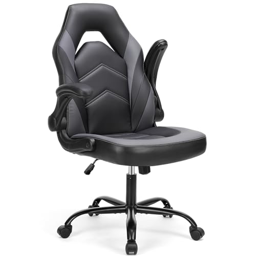 DUMOS Gaming Ergonomic Office Chair for Adults, Height Adjustable Computer Desk Chair with Flip-up Armrests, PU Leather Swivel Video Game Chair with 360° Rolling Wheels, Grey DUMOS