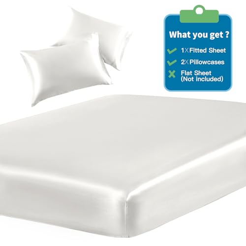 SiinvdaBZX 3-Piece Set Satin Twin Fitted Sheet & 2 Pillowcase, Ivory White Silky Soft Fitted Bottom Sheet, Wrinkle Free, Fade Resistant, Deep Pocket Bed Sheet (Deep Up to 15") SiinvdaBZX