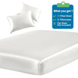 SiinvdaBZX 3-Piece Set Satin Twin Fitted Sheet & 2 Pillowcase, Ivory White Silky Soft Fitted Bottom Sheet, Wrinkle Free, Fade Resistant, Deep Pocket Bed Sheet (Deep Up to 15") SiinvdaBZX