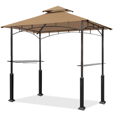 Eurmax USA 5x8 Grill Gazebo Shelter for Patio and Outdoor Backyard BBQ's, Double Tier Soft Top Canopy and Steel Frame with Bar Counters, Bonus LED Light X2(Khaki)