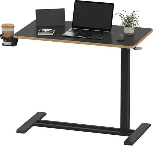SANODESK Medical Adjustable Overbed Bedside Table with Hidden Casters, Pneumatic Mobile Laptop Computer Standing Desk Cart with Tray, Hospital and Home Use(31.5" W x 17.7" D, Black) SANODESK