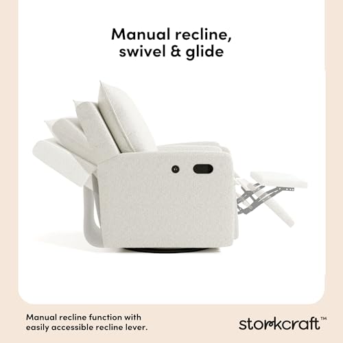 Storkcraft Timeless Recliner Glider with USB Charging Port (Ivory Boucle) - Ultimate Nursery Rocking Chair, Baby Glider Chair for Nursery, 360° Swivel Recliner, Plush Upholstery