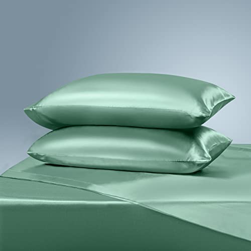 Manyshofu Satin Queen Sheets 4 Piece Set - Luxury Cooling Bedding Set, Sage Green - Fitted Sheet, Flat Sheet, 2 Pillow Cases Manyshofu