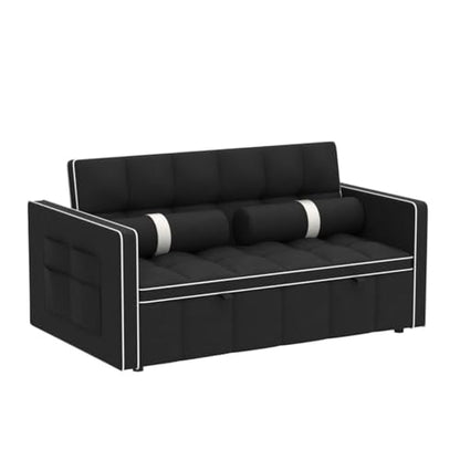 3 in 1 Sleeper Sofa Couch Bed, Small Tufted Velvet Convertible Loveseat Futon Sofa w/Pullout Bed, Adjustable Backrest, Cylinder Pillows for Living Room Apartment, Easy to Assemble, Black, 55.5"