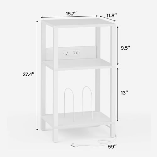 TUTOTAK Record Player Stand with Storage Up to 100 Albums，Record Storage Table,3 Tier End Table with Charging Station,Side Table for Living Room, Bedroom, White TB01BW076 TUTOTAK