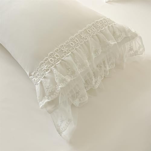 MOOWOO Chic Ruffle Lace Polyester Duvet Cover Set -Girl White Bedding-2 Piece Twin Duvet Cover with Zipper Closure -Ultra Soft and Light Weight (White,Twin) MOOWOO