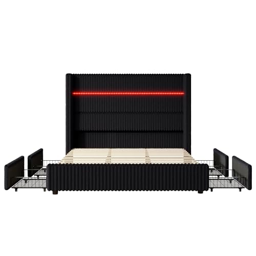 Jocisland King Size Corduroy Upholstered Bed Frame with 4 Storage Drawers & 51.2" Tall Wingback Headboard, LED Bed with Charging Station, No Box Spring Needed, Dark Jocisland