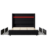 Jocisland King Size Corduroy Upholstered Bed Frame with 4 Storage Drawers & 51.2" Tall Wingback Headboard, LED Bed with Charging Station, No Box Spring Needed, Dark Jocisland
