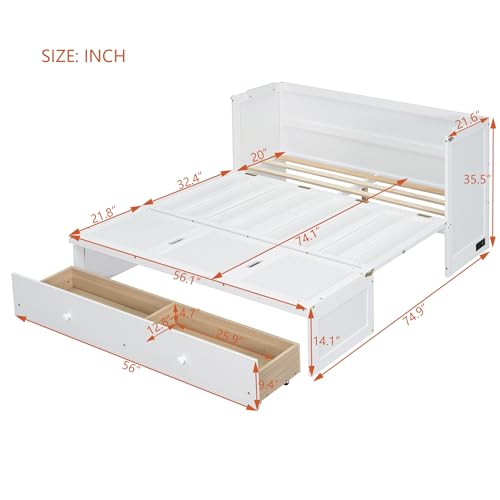 Merax Murphy Bed Cabinet Full Size with Storage Drawers, Chest Cube Bed for Guest Room, Built-in Sockets & USB Ports, for Home Office or Small Bedroom, White Merax