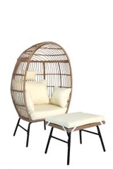 Tioutbot Oversized Wicker Egg Chair with Ottoman, Patio Lounge Chairs with Thick Cushion, Rattan Egg Basket with Steel Frame for Indoor/Outdoor, Porch, Backyard, Beige Tioutbot