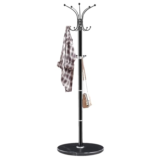 LOZABEE Metal Heavy Duty Coat Rack Stand, Modern Freestanding Coat Rack with Natural Marble Base, 360° Roraty Coat Racks with 14 Hooks, Black Coat Hall Tree Hanger Stand for Entryway, Office LOZABEE