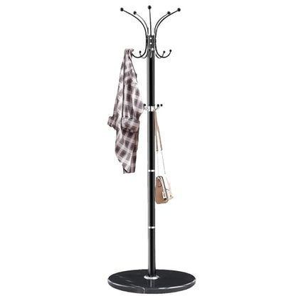 LOZABEE Metal Heavy Duty Coat Rack Stand, Modern Freestanding Coat Rack with Natural Marble Base, 360° Roraty Coat Racks with 14 Hooks, Black Coat Hall Tree Hanger Stand for Entryway, Office